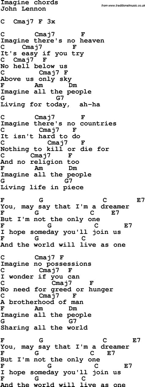 Song Lyrics With Guitar Chords For Imagine John Lennon