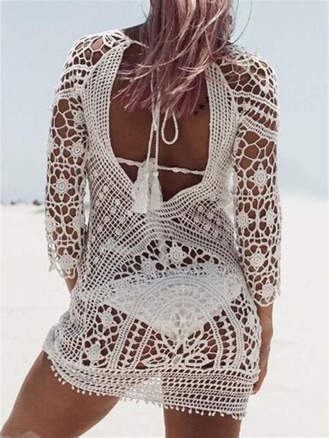 Hollow Lace Backless Crochetgo Mini Cover Ups With Images Beach