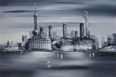 Shanghai Skyline Huangpu River Oil Painting Cityscape Black White