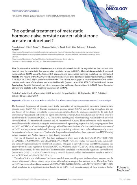 Pdf The Optimal Treatment Of Metastatic Hormone Naive Prostate Cancer Abiraterone Acetate Or
