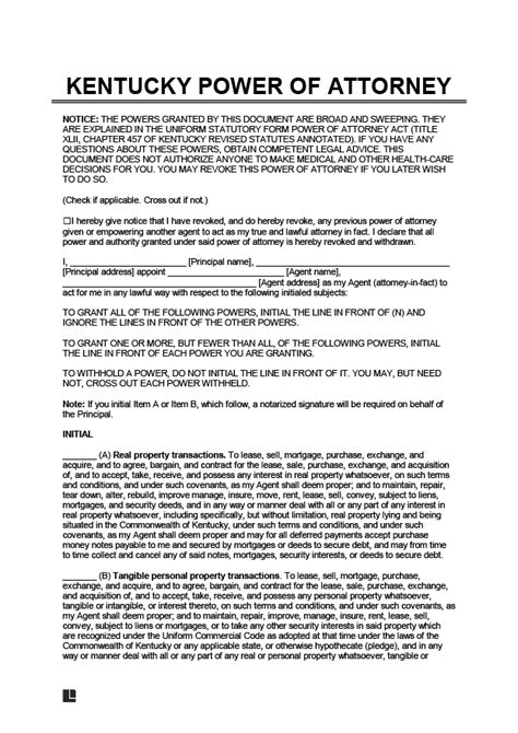 Free Kentucky General Power Of Attorney Form Pdf And Word
