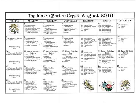 Barton Creek Assisted Living August 2016 Activities Calendar