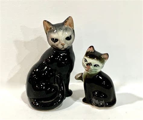 Vintage Cat Figurines Black And White Mom And Kitten Made Etsy In