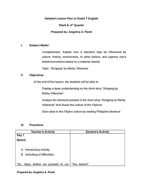 Detailed Lesson Plan In Grade 7 English Week 8 4th Quarter Detailed