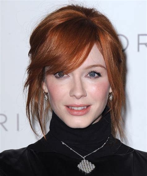 Christina Hendricks Long Straight Dark Copper Red Updo Hairstyle With Side Swept Bangs Casual