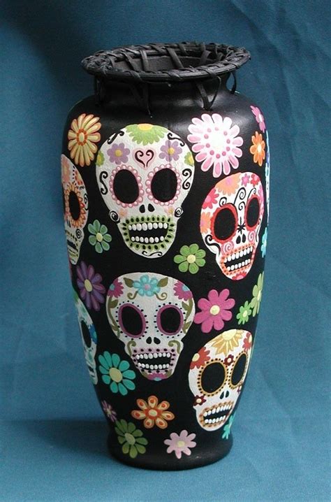 Day Of The Dead Sugar Skulls And Flowers Vase Custom Order Yours Day Of The Dead Skull Skull