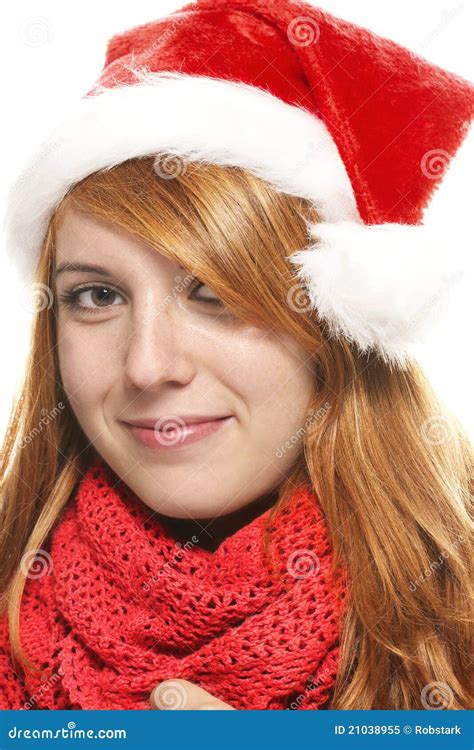 Smiling Redhead Young Woman With Santa S Hat Stock Image Image Of Cute Freckled 21038955