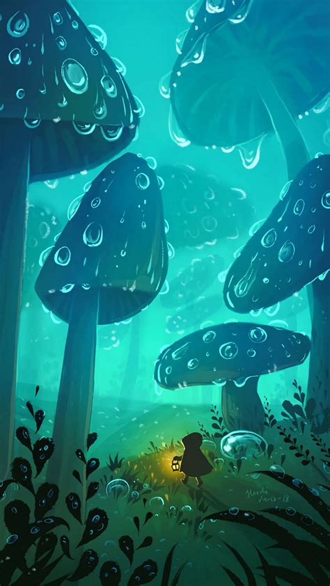 Download Wallpaper 1080x1920 Mushrooms Silhouette Drops Wet Light