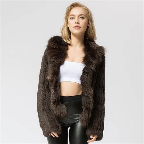 cr072 knitted real rabbit fur coat overcoat jacket with fox fur collar russian women s winter