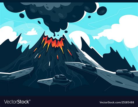 Flat Erupting Volcano With Red Flame And Smoke Vector Image