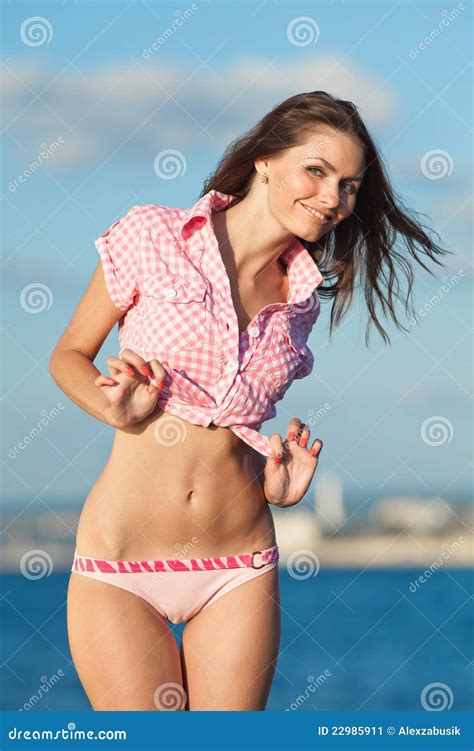 Lady In Pink Shirt On The Beach Stock Image Image Of Outdoors