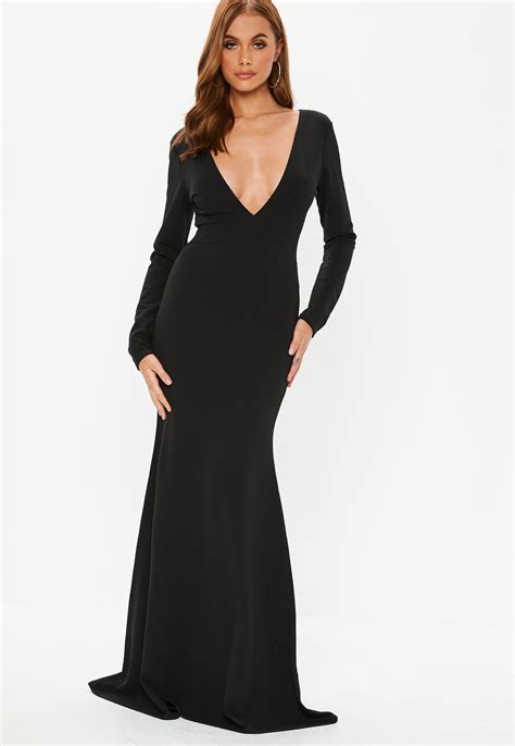 Lyst Missguided Black Long Sleeve Plunge Maxi Dress In Black