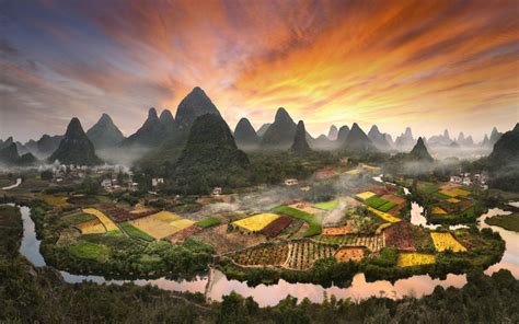 Village Zhouzhai China Photo Landscape Sunset Flaming Sky Desktop Hd