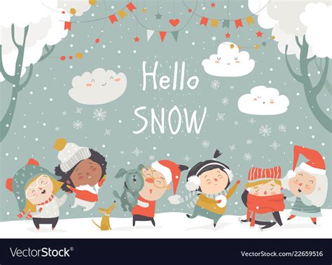 Cartoon Happy Children Enjoying Winter Hello Snow Vector Image