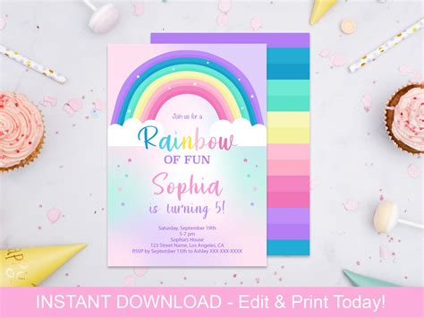 Glitter Rainbow Party Invitation Rainbow Birthday Invitation