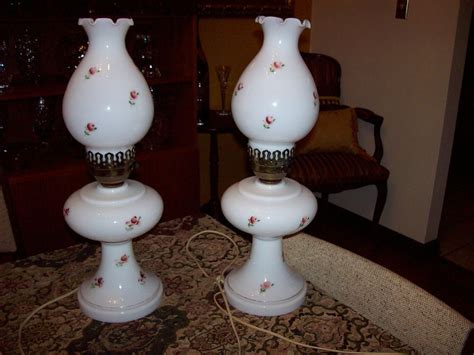 Vintage Hand Painted Rose Roses Milk Glass Hurricane Lamps Lamp Pair Boudoir Glass Hurricane