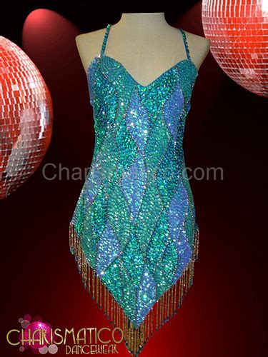 Classic Sequined Latin Dance Dress With Halter Fit And Patchwork Pattern