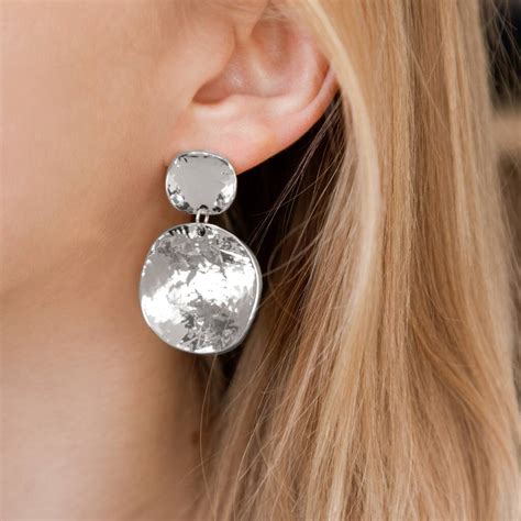 Hammered Double Disc Drop Earrings In Silver Colour By Brand X