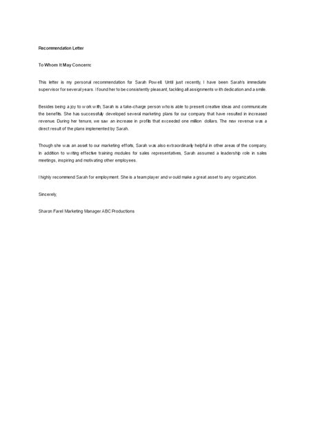 Sample Letter Of Recommendation For Employee Templates
