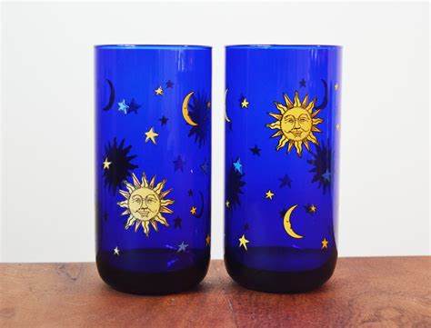 Set Of 2 Libbey Cobalt Blue Celestial Glass Tumblers Sun