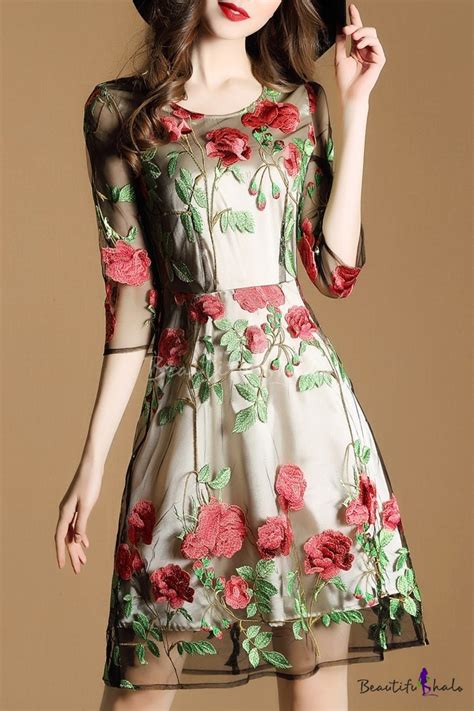 Luxurious Floral Embroidered Sheer Mesh Round Neck 3 4 Sleeve A Line Midi Dress