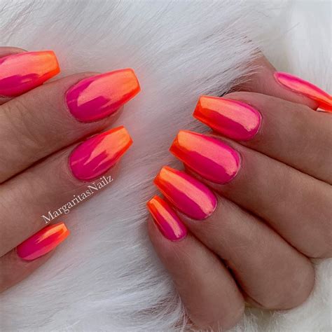 Coral Orange Pink Ombré Chrome Coffin Nails Glitter Bling Nail Art