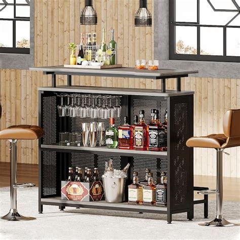 Tribesigns Walter Grey Oak Wood Home Bar Unit 3 Tier Liquor Bar Table