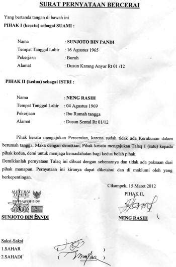 Ketika dua orang atau 2 instansi melakukan kesepakatan, biasanya akan diperlukan sebuah perjanjian atau jaminan untuk kepastian. Contoh Surat Kesepakatan Cerai