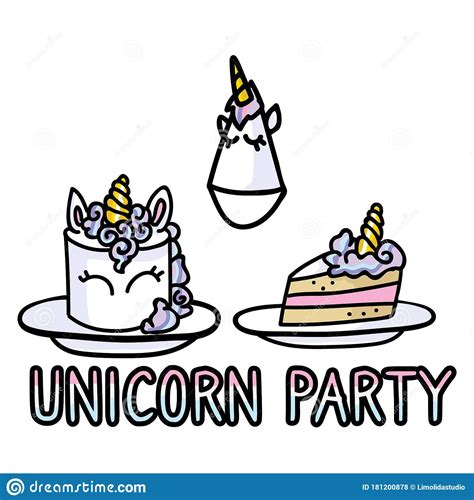 Cute Cartoon Unicorn Party Supplies Set Vector Clipart Kawaii Hand