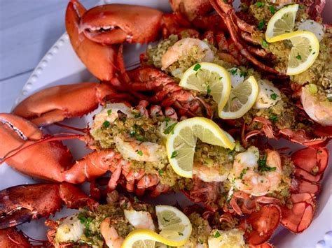 baked stuffed lobsters with shrimp and scallops dish off the block