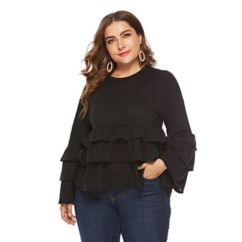 Women Blouses Casual Elegant Spring Plus Size 6xl Black Slim Ruffle