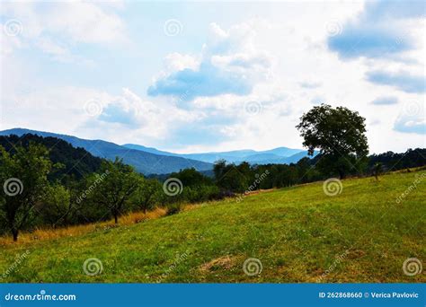 Green Meadow On The Slope With A View Of The Mountain Peaks Stock