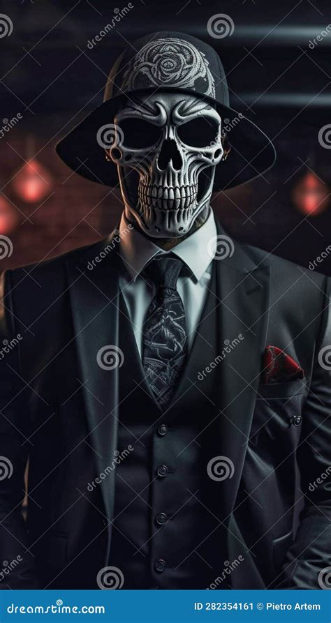 Gangster Skull Wearing Black Suite Tattoos Facing Generative Ai Stock