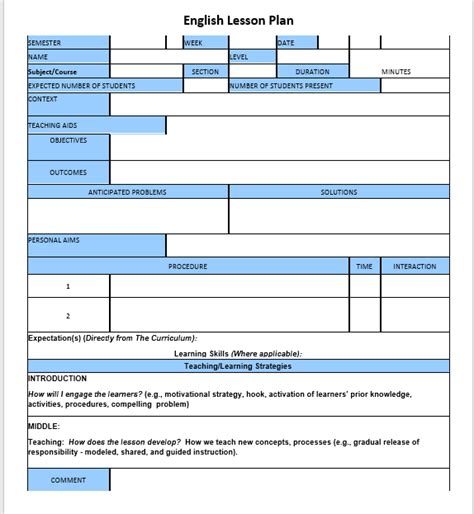 English Lesson Plan Template Word Templates For Free Download