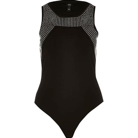 Black Diamante Studded Sleeveless Bodysuit River Island Sleeveless