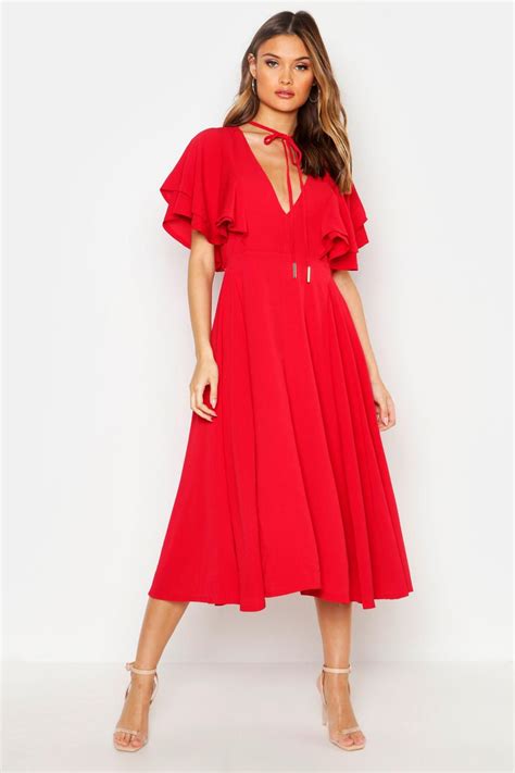 Womens Ruffle Angel Sleeve Bolo Tie Midi Dress Red 4 Dresses Are