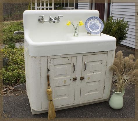 The top is made from reclaimed fir. 1927 High Back Farmhouse Vintage Antique Farm Sink with Faucet and Cabinet | #1926979331