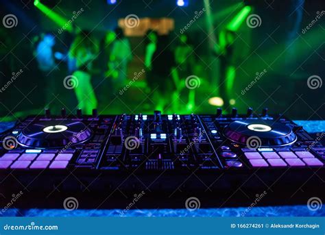 Professional Dj Mixer On Table In Nightclub Stock Image Image Of