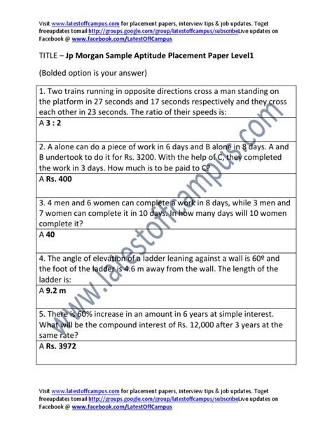 Jp Morgan Sample Aptitude Placement Paper Level1 Pdf Speed Nature