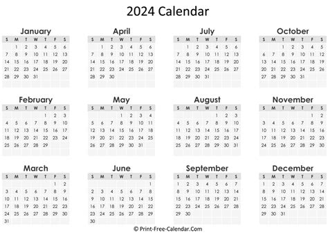 Free Printable Yearly Calendar 2024 Printable World Holiday