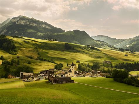 Wallpaper Switzerland Meadows Green Fields Village Alps Mountains