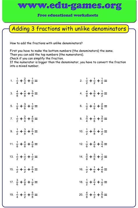 Adding Fractions With Unlike Denominators Worksheets With An