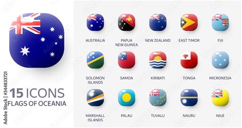 Realistic 3d Glossy Icons Of Oceania Countries Oceanian Flags Vector