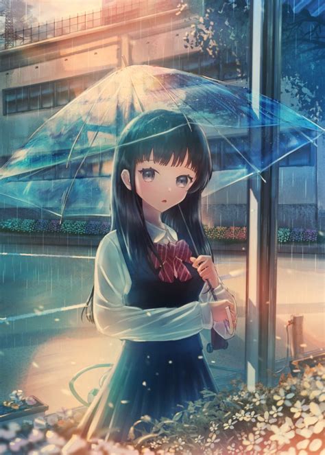 Download 1440x3120 Anime School Girl Transparent Umbrella Raining