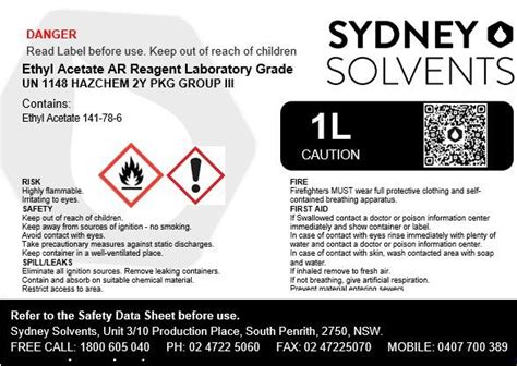 Ethyl Acetate Ar Reagent Laboratory Grade 1 Litre Sydney Solvents
