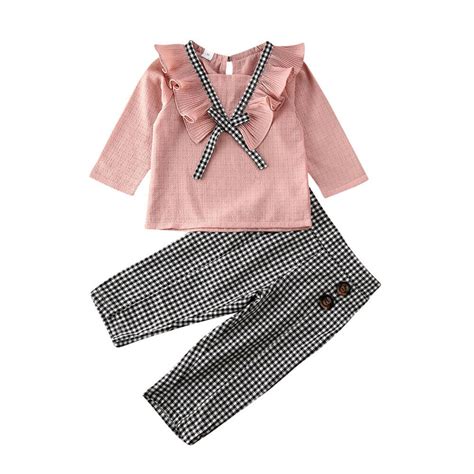 Toddler Kid Baby Girl Ruffle Cute Ruffles Shirts Tops Plaids Pants