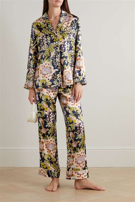 Navy Lila Piped Floral Print Silk Satin Pajama Set Olivia Von Halle Net A Porter