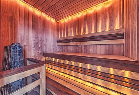 Sauna Wooden Heat Room Interior With Light Stock Photo Image Of