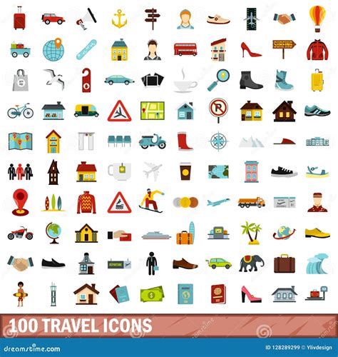 100 Travel Icons Set Flat Style Stock Illustration Illustration Of