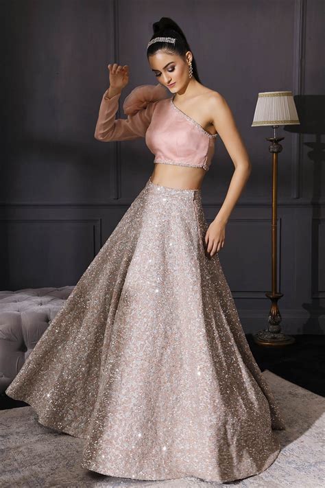 Buy Silver Raw Silk Asymmetric One Shoulder Blouse And Lehenga Set For